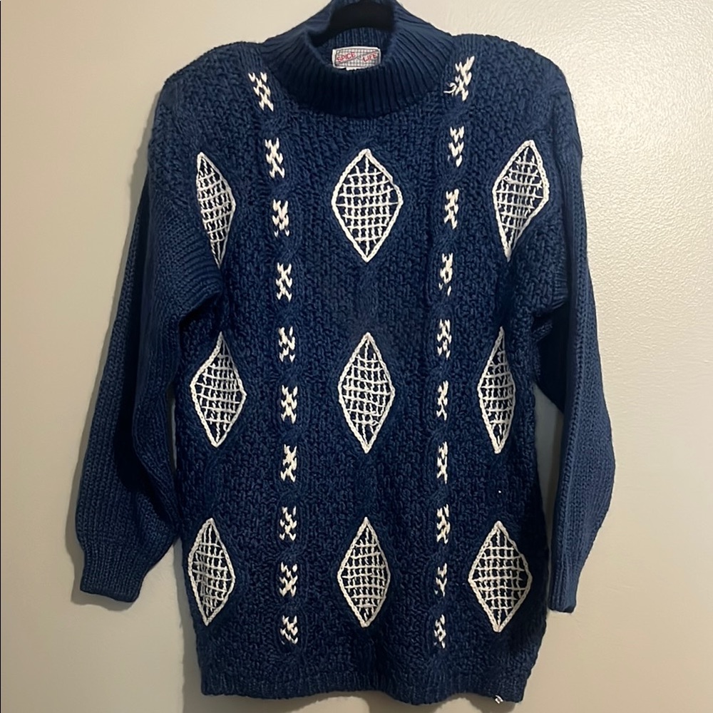 Navy and White Vintage Knit Women's Sweater